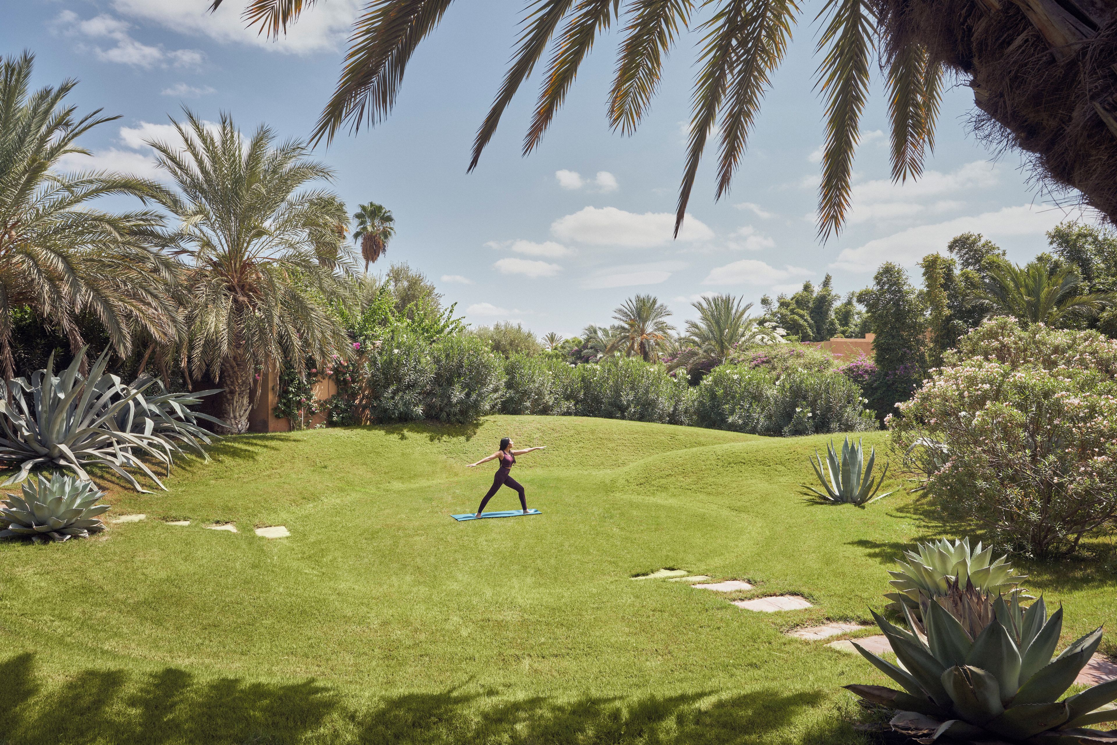 A person practicing yoga on a grassy slope with palm trees and various plants in the background.