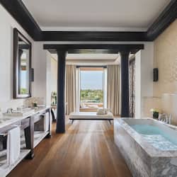 Separate tub and shower, deep soaking tub, rainfall showerhead