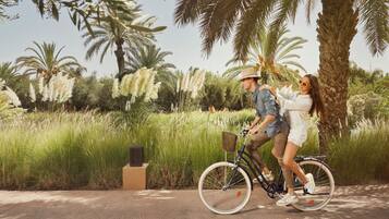 Una pareja en bicicleta en un parque con palmeras y hierba alta.