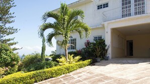 A two-story house with a tiled patio, palm trees, and various potted plants.