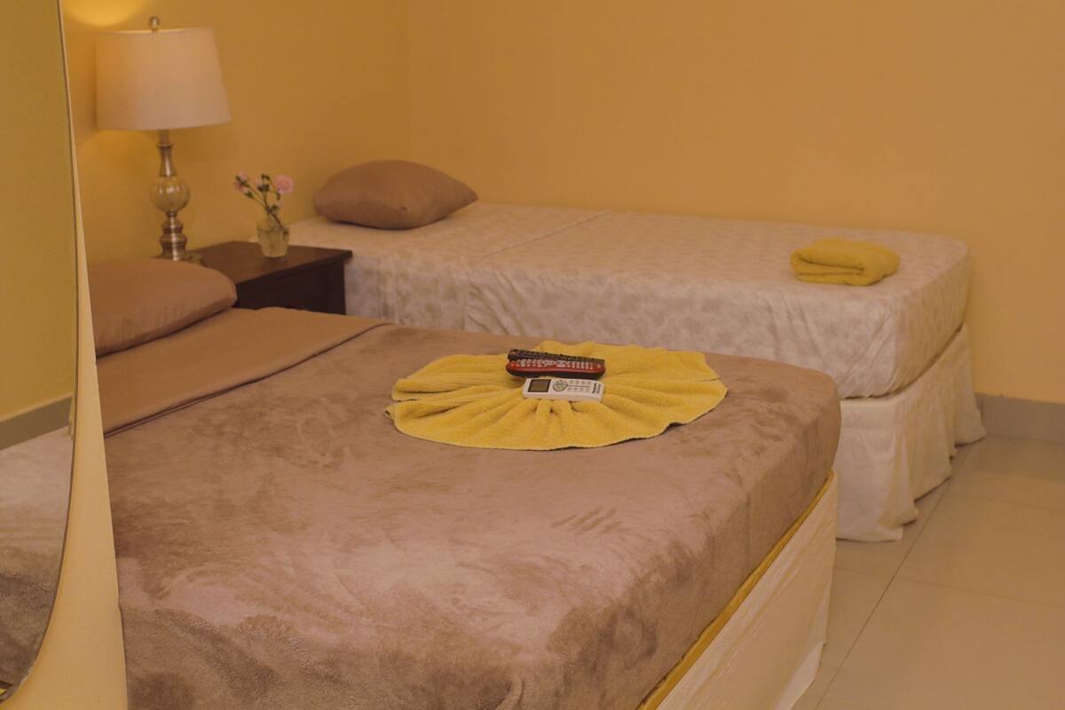 Habitación de hotel con dos camas, una mesita de noche con lámpara y una pequeña mesa con un florero.