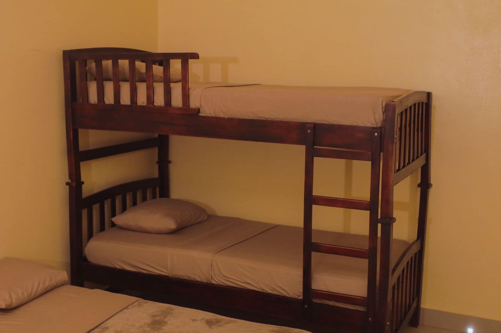 Una cama litera con estructura de madera y colchón.