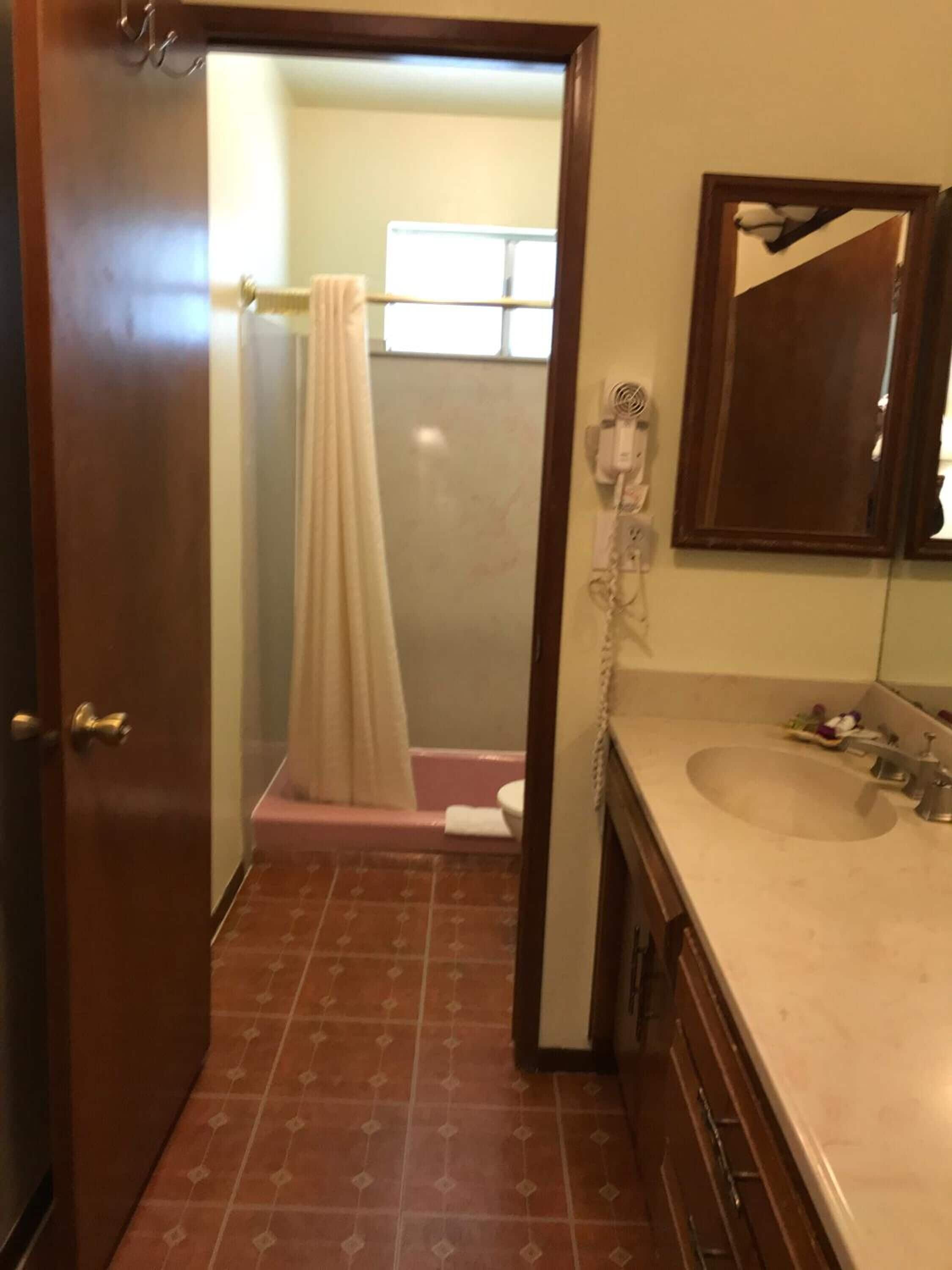 Un baño con ducha, lavabo y espejo.
