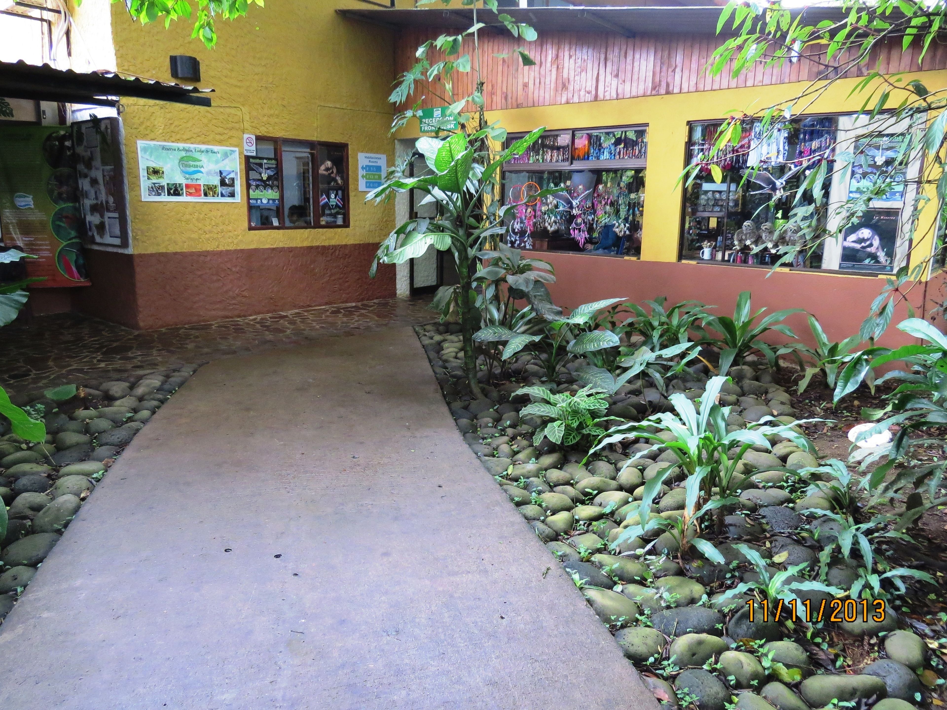 A pathway leading to a building with a yellow and brown facade, surrounded by greenery and rocks.
