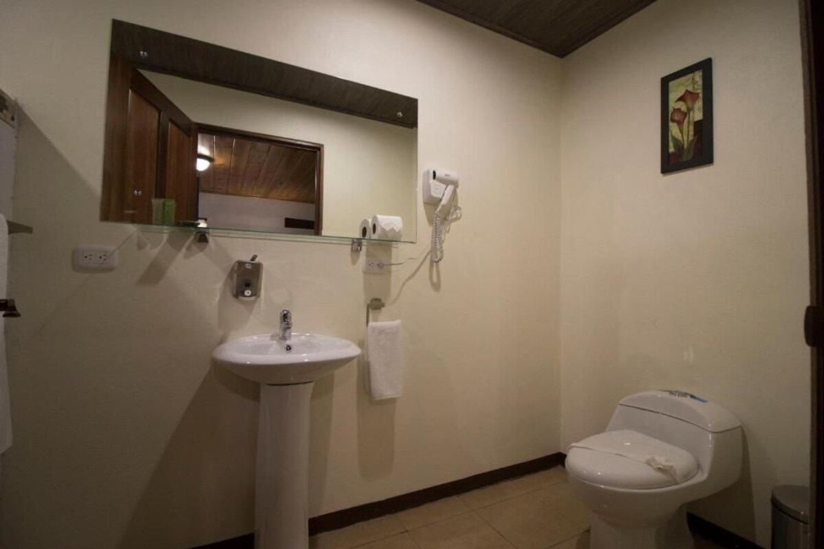 Un baño con lavamanos pedestal, inodoro, secador de pelo y espejo sobre el lavamanos.