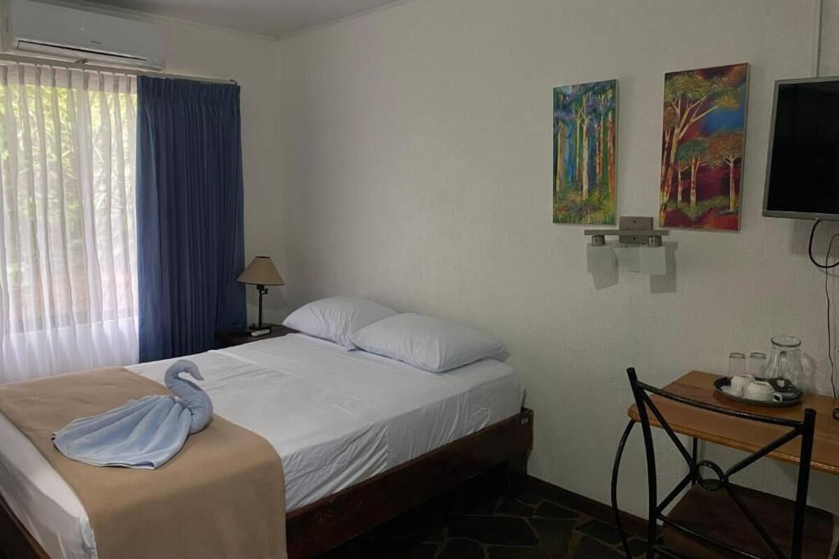 Habitación de hotel con cama, escritorio, silla, televisor y dos cuadros en la pared.