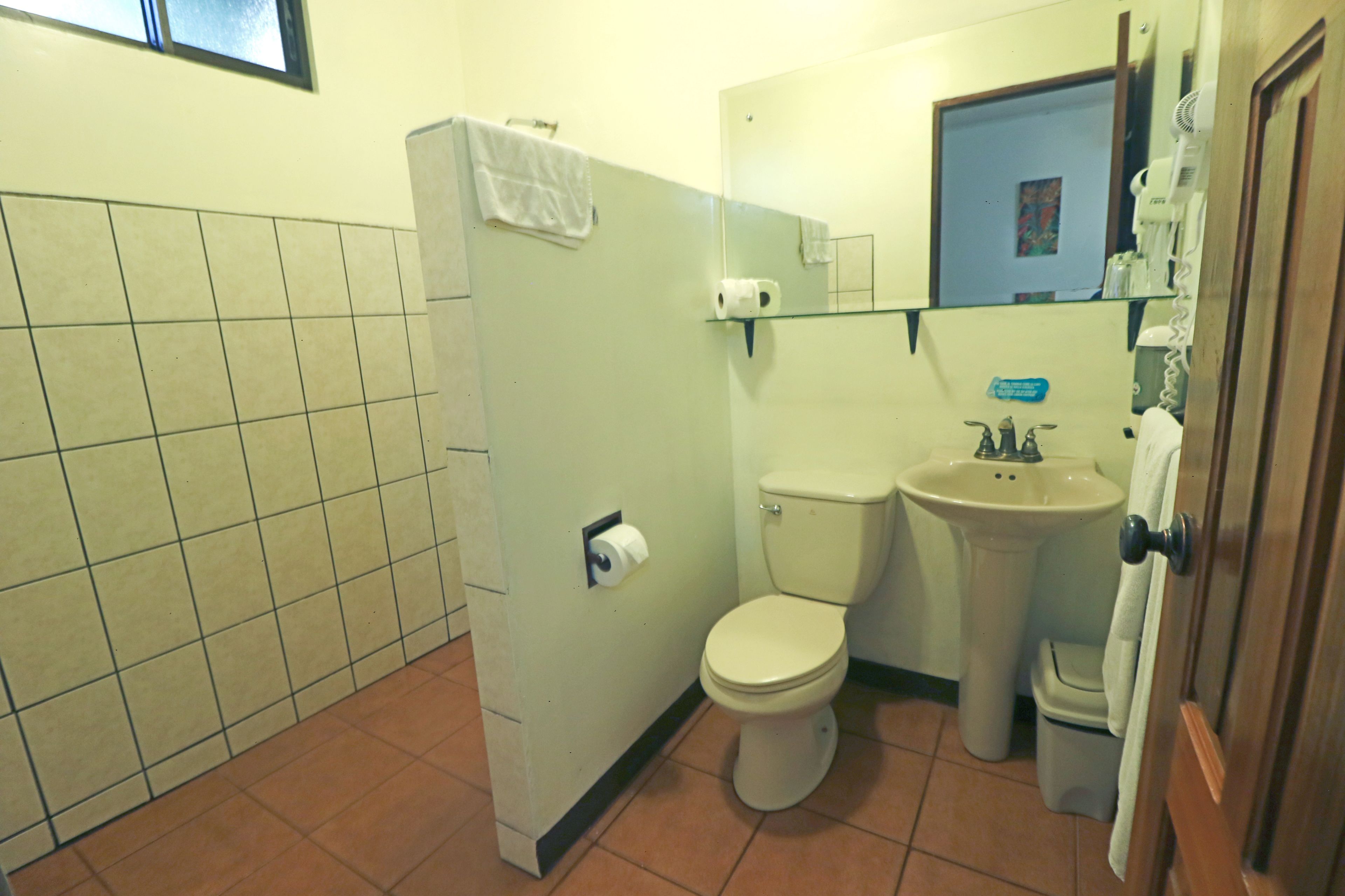 Een kleine badkamer met toilet, wastafel en spiegel.