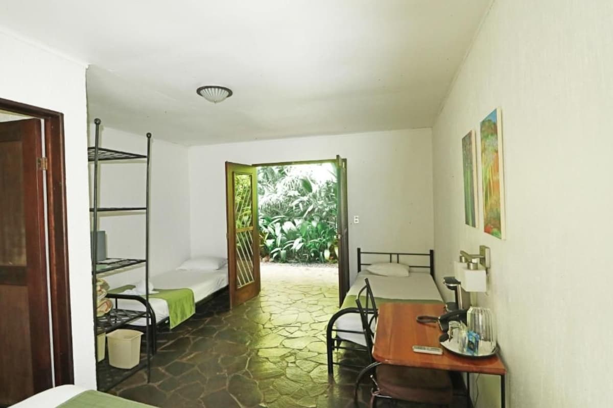A room with bunk beds, a desk, a chair, a lamp, and a window with a view of greenery.