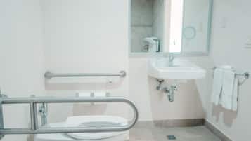 A bathroom with a toilet, sink, and handrail.