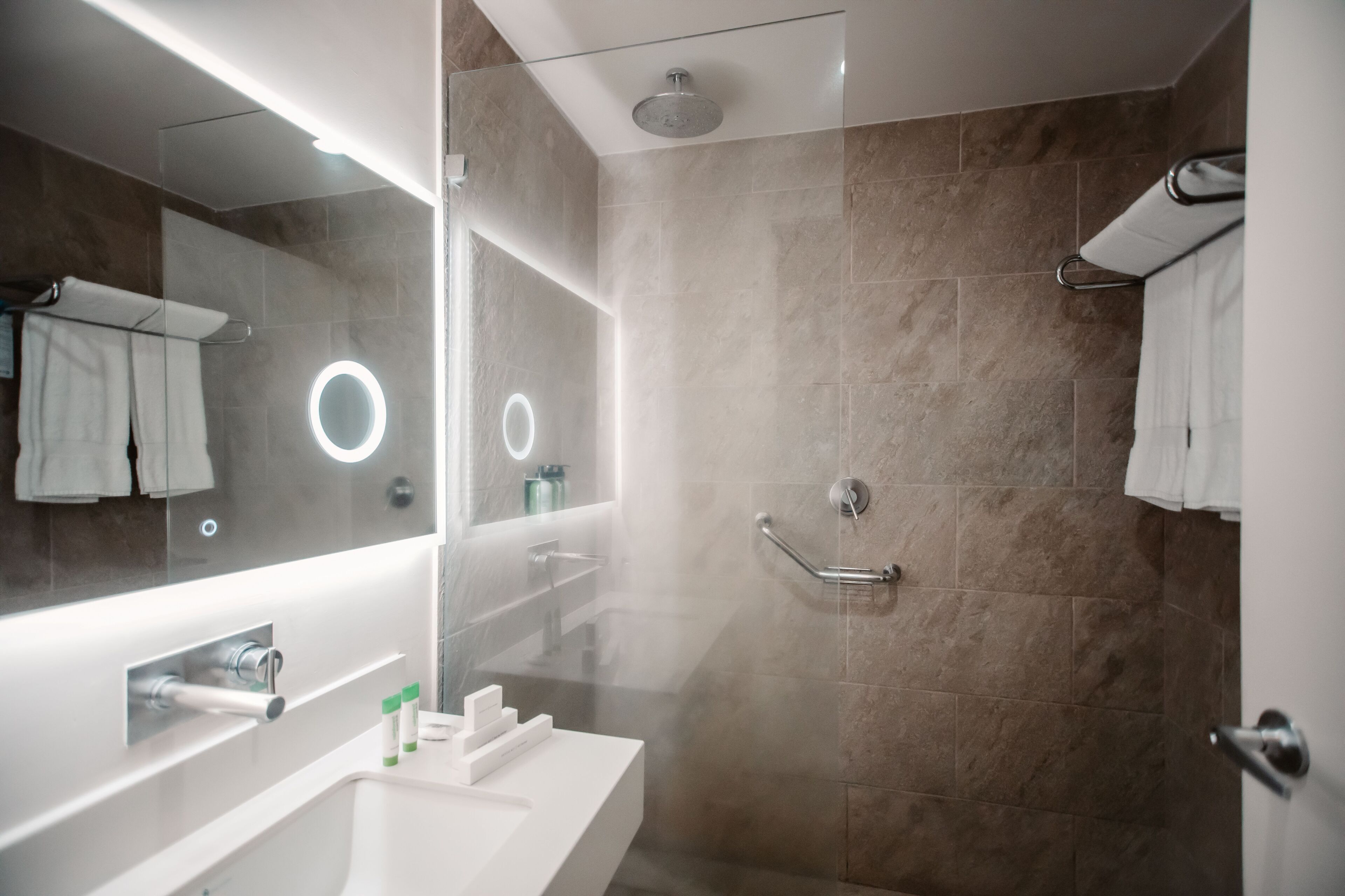 premium room, 1 king bed, ocean view (concept) | bathroom | shower, eco-friendly toiletries, hair dryer, towels