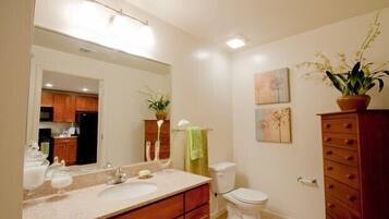 Combined shower/tub, free toiletries, hair dryer