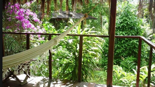 A hammock on a wooden deck with a view of lush greenery and a thatched-roof structure. - Pousada Quinta do Caju (Cairu)