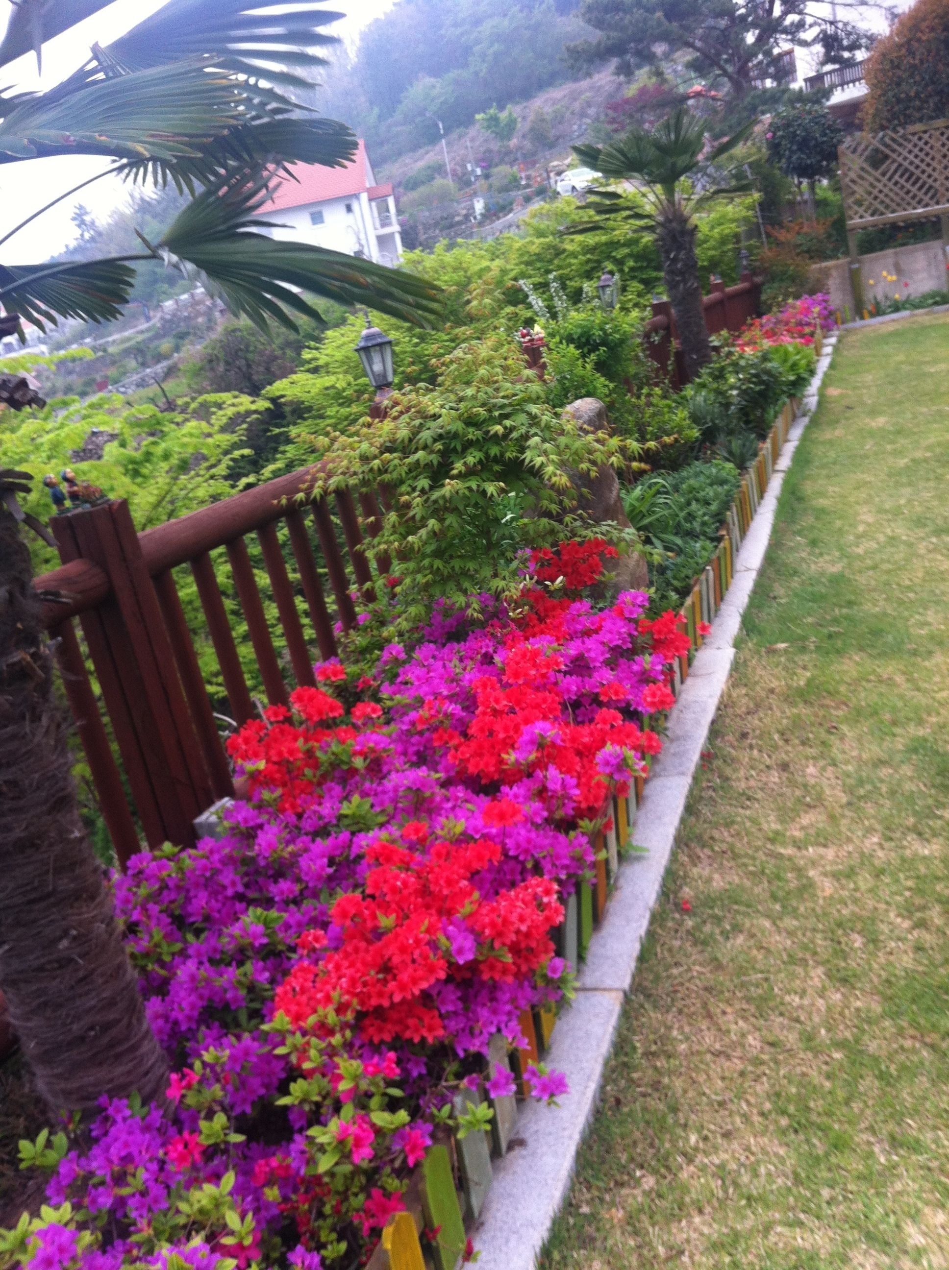 Un jardín con valla de madera, diversas plantas y flores.