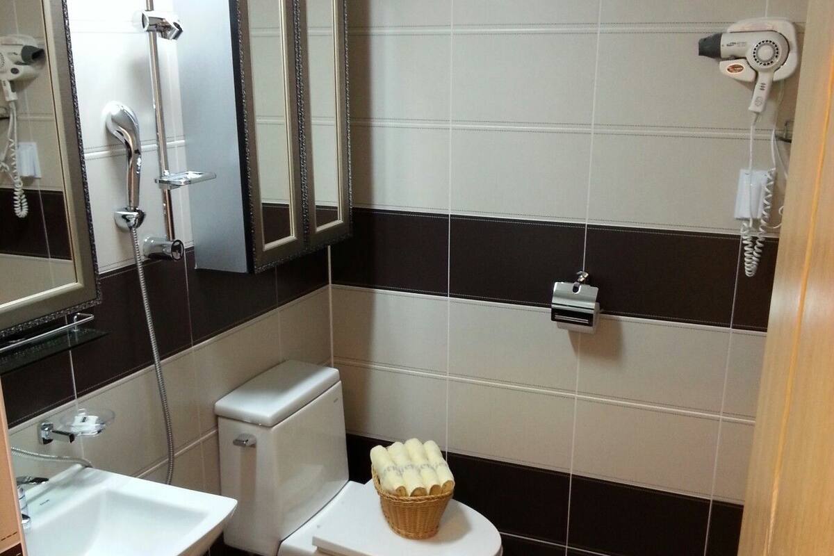 A bathroom with a toilet, a sink, a mirror, and a shower.