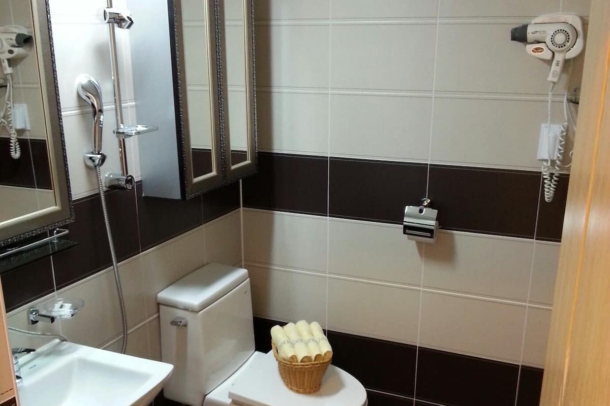 Studio | Bathroom | Shower, hair dryer, slippers, towels