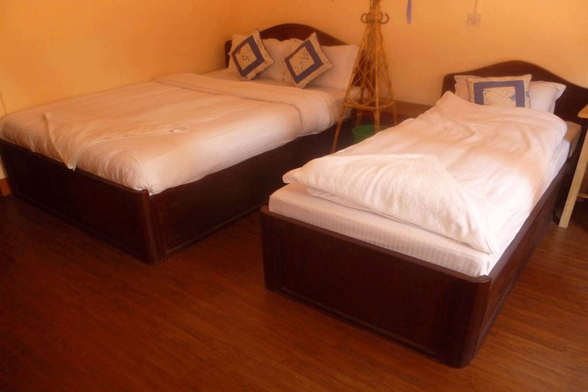 Two single beds with wooden frames and white bedding in a room with wooden flooring.