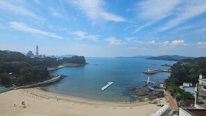 Une vue sur la côte, avec une plage de sable, une jetée et un pont.