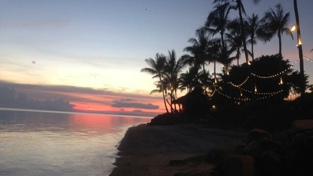 A beach at sunset with palm trees and string lights. - ABC Bungalow (Ko Pha-ngan)