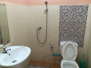 Un baño con lavamanos, inodoro y ducha.