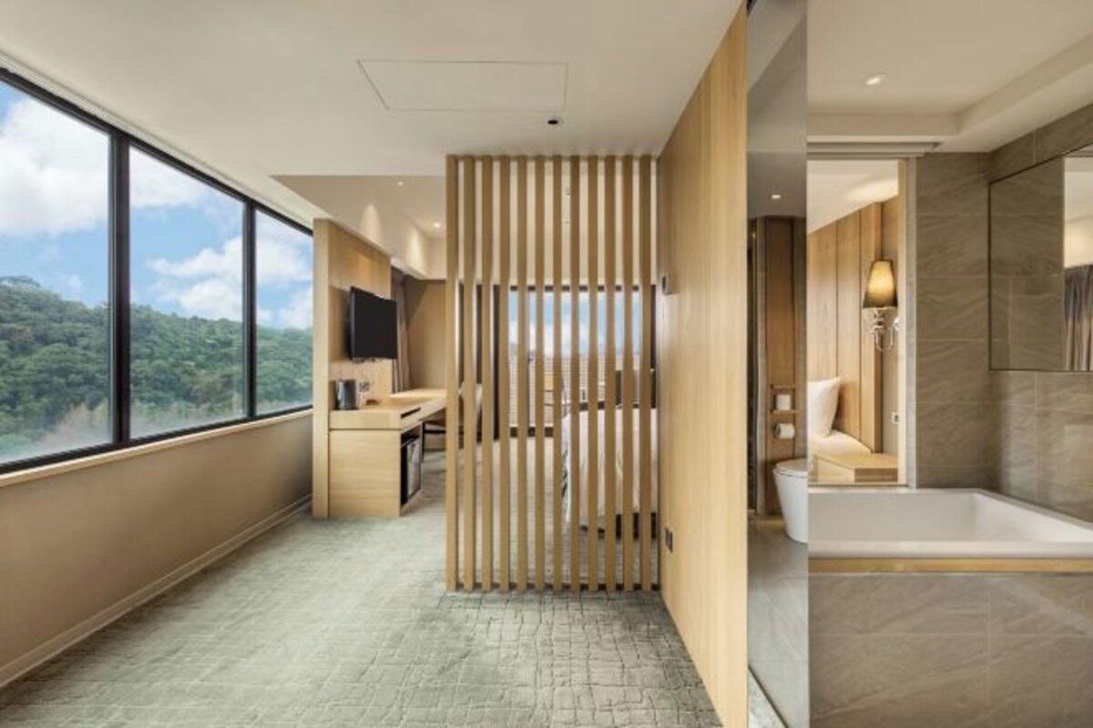 A modern hotel room with a large window, a desk, a shower area, and a view of the outdoors.