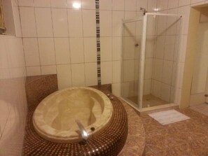 Separate bathtub and shower, free toiletries, hair dryer