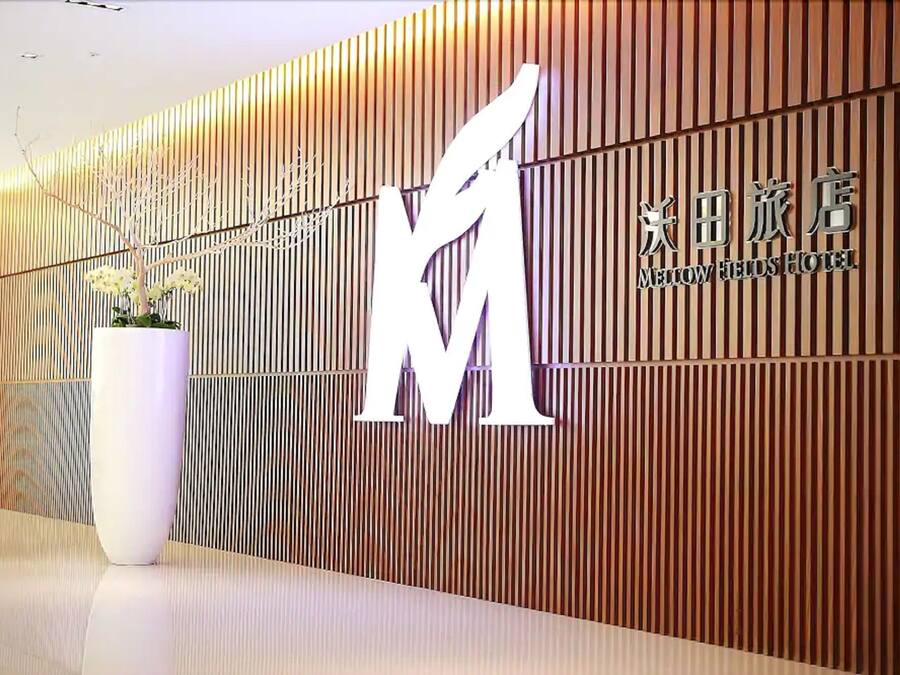 A reception area with a large 'M' logo, a potted plant, and a wooden panel wall.