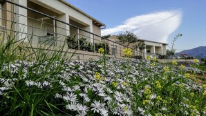 Een gebouw met een balkon dat uitkijkt op een tuin met witte en gele bloemen.