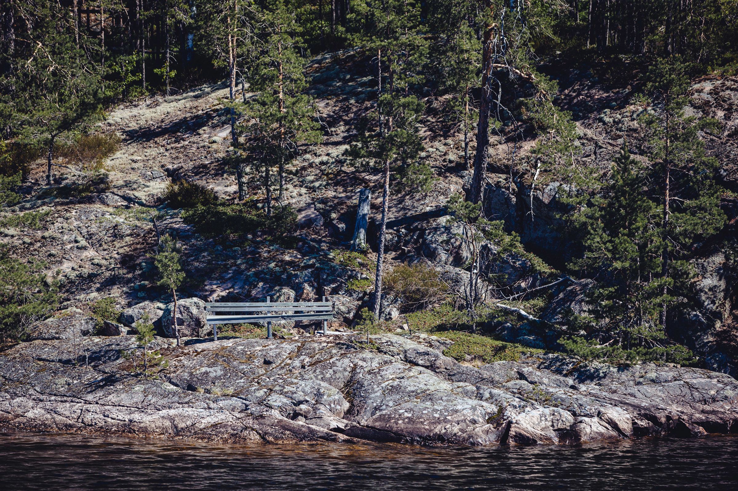Un rivage rocheux avec un banc en bois et, en arrière-plan, une colline boisée.