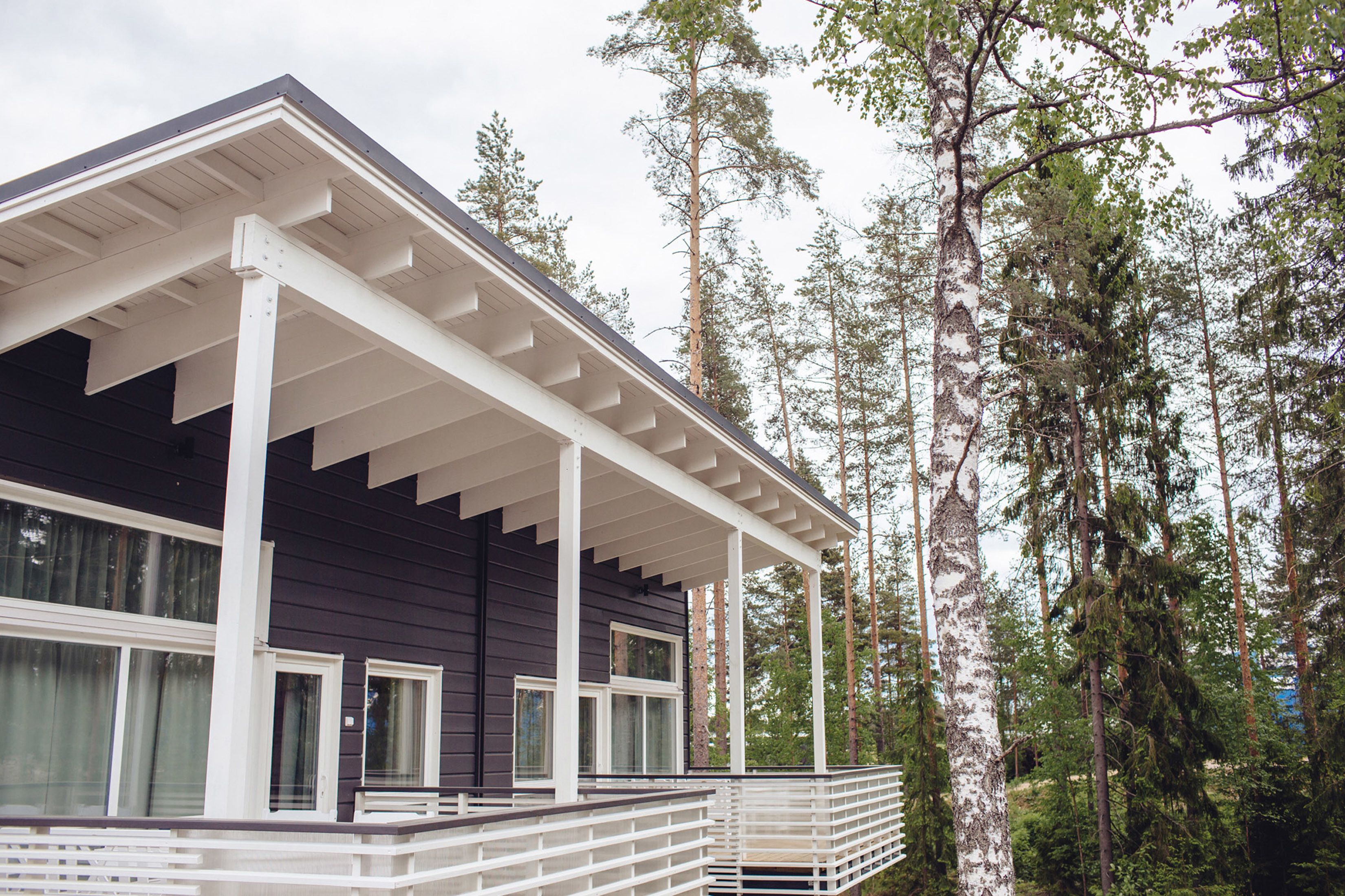 A house with a covered porch and large windows, surrounded by tall trees.