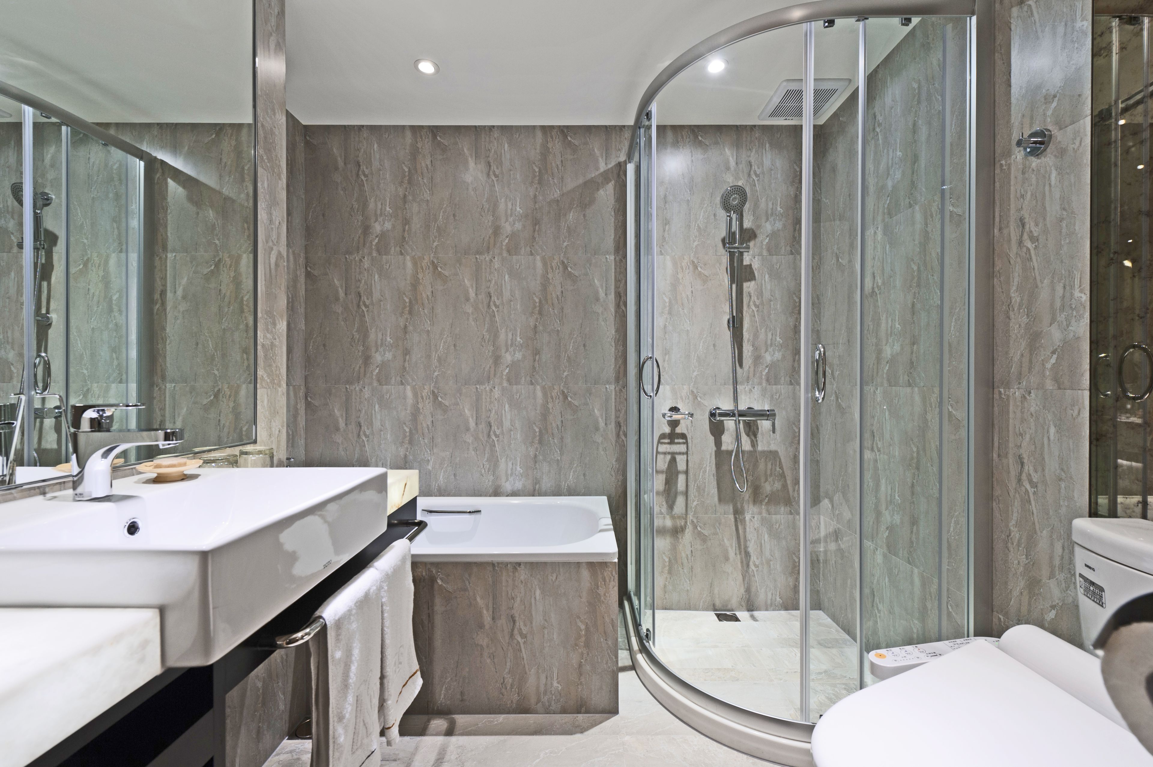 hair dryer, bidet, towels