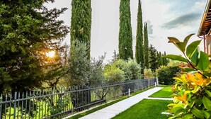 Un jardín bien cuidado con una cerca de metal, árboles altos y un camino despejado.