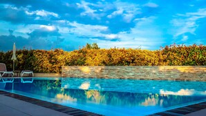 Una piscina con un muro de piedra y un seto al fondo.
