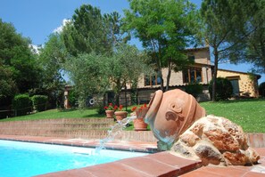 Seasonal outdoor pool, pool umbrellas, pool loungers