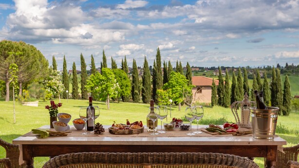 A table set outdoors with food, wine, and a view of a countryside landscape. - Il Palazzetto (Siena)