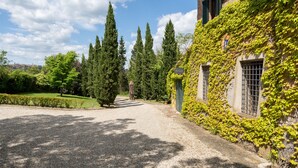 A gravel driveway leading to a building with a green ivy-covered wall and a clear blue sky. - Il Palazzetto (Siena)