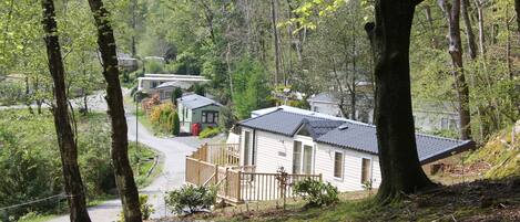 A secluded cabin surrounded by trees with a dirt path leading to it.