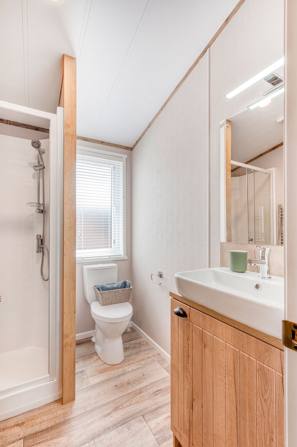 A bathroom with a shower, toilet, and sink. - Aberdunant Hall (Porthmadog)