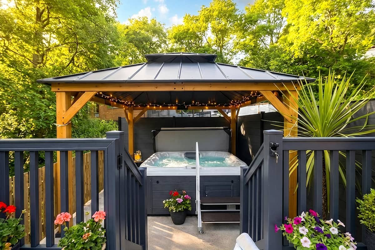 A hot tub under a wooden gazebo with railings, surrounded by potted plants and a string of lights.