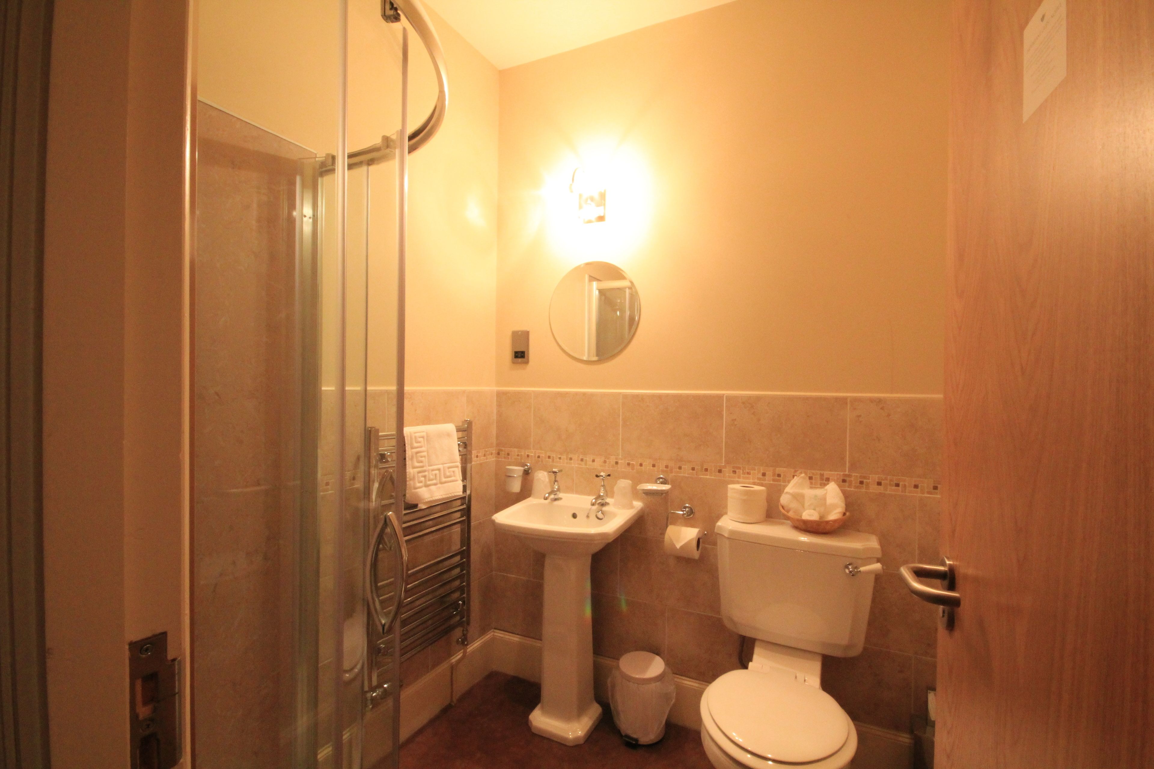 A bathroom with a glass shower enclosure, a pedestal sink, a toilet, and a mirror.