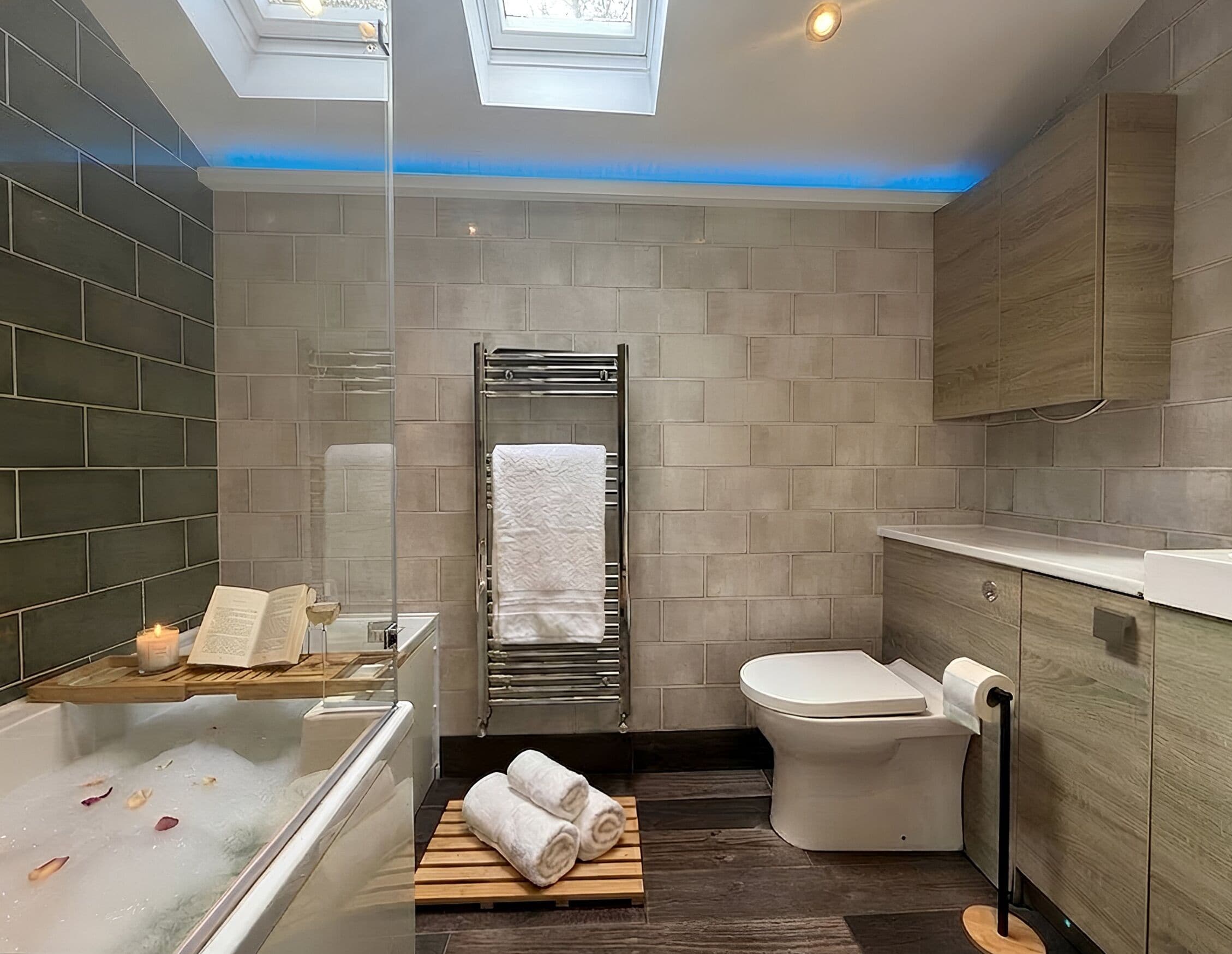 A modern bathroom with a bathtub, a toilet, a towel rack, and a skylight.