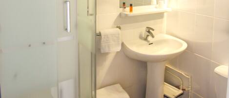 A bathroom with a glass shower enclosure, a sink, a toilet, and a mirror.