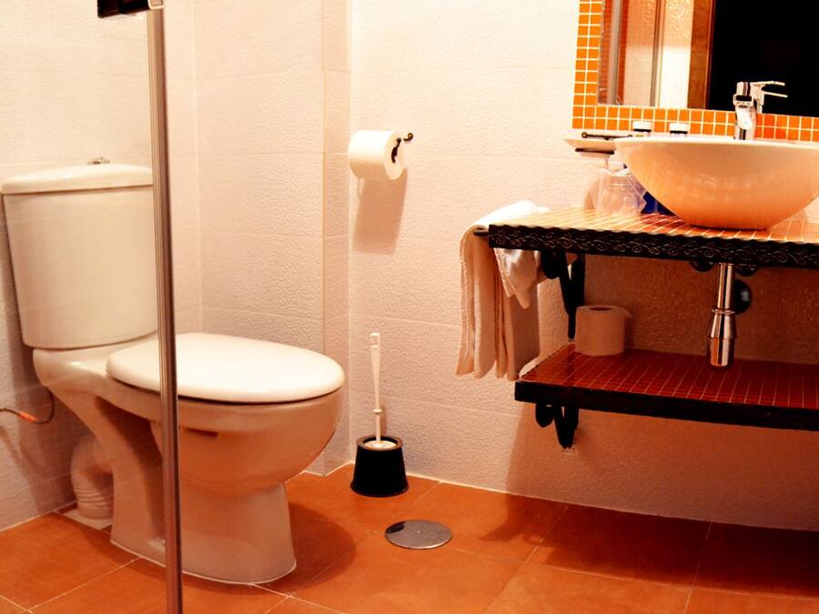 A bathroom with a toilet, sink, and mirror.
