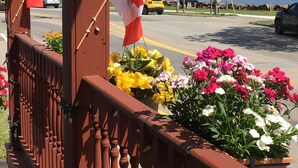 Een balkon met een hekwerk, bloempotten en Canadese vlaggen.