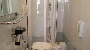 A bathroom with a toilet, a shower, and a hairdryer on a shelf.