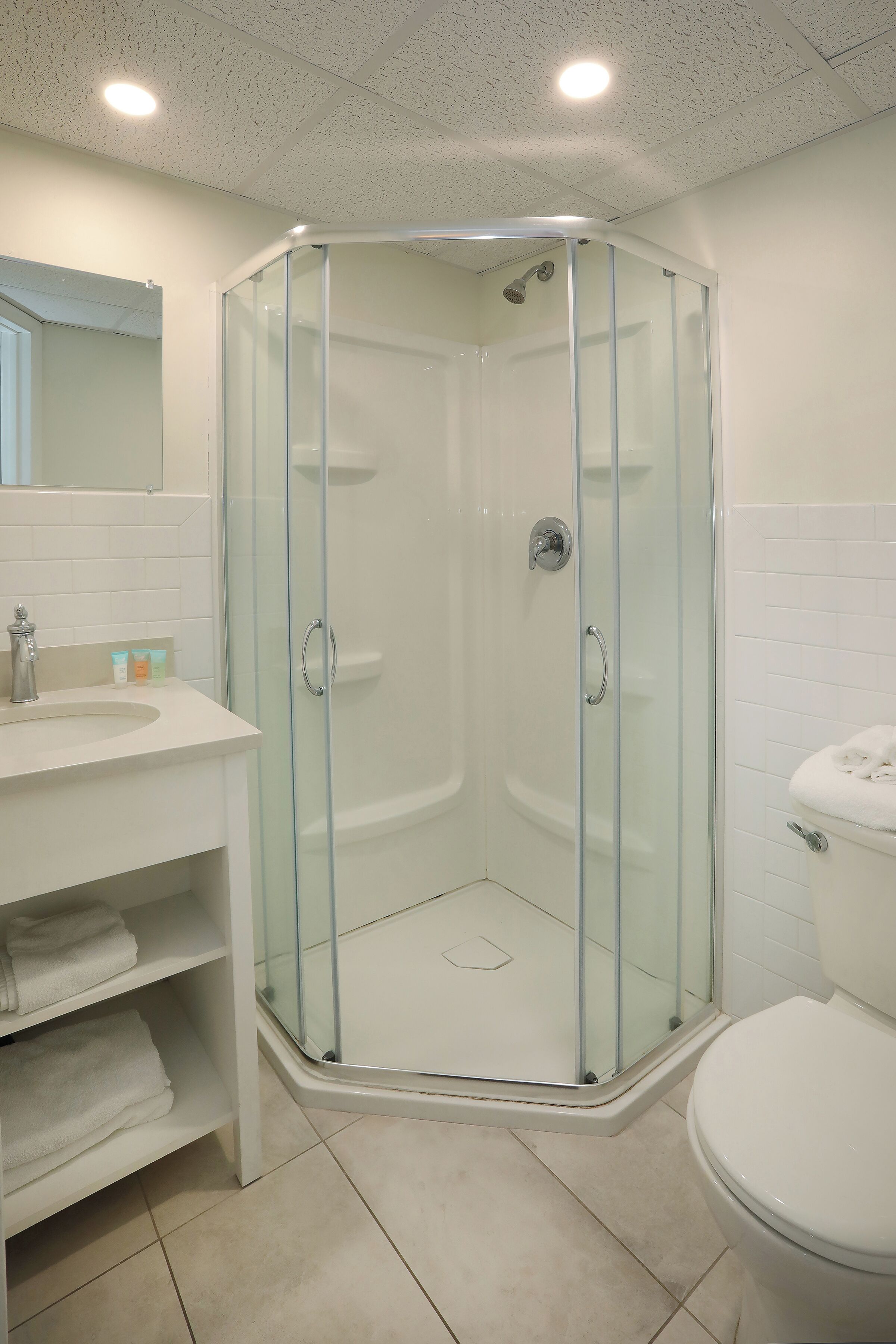 A modern bathroom with a glass-enclosed shower, a white sink, and a toilet.
