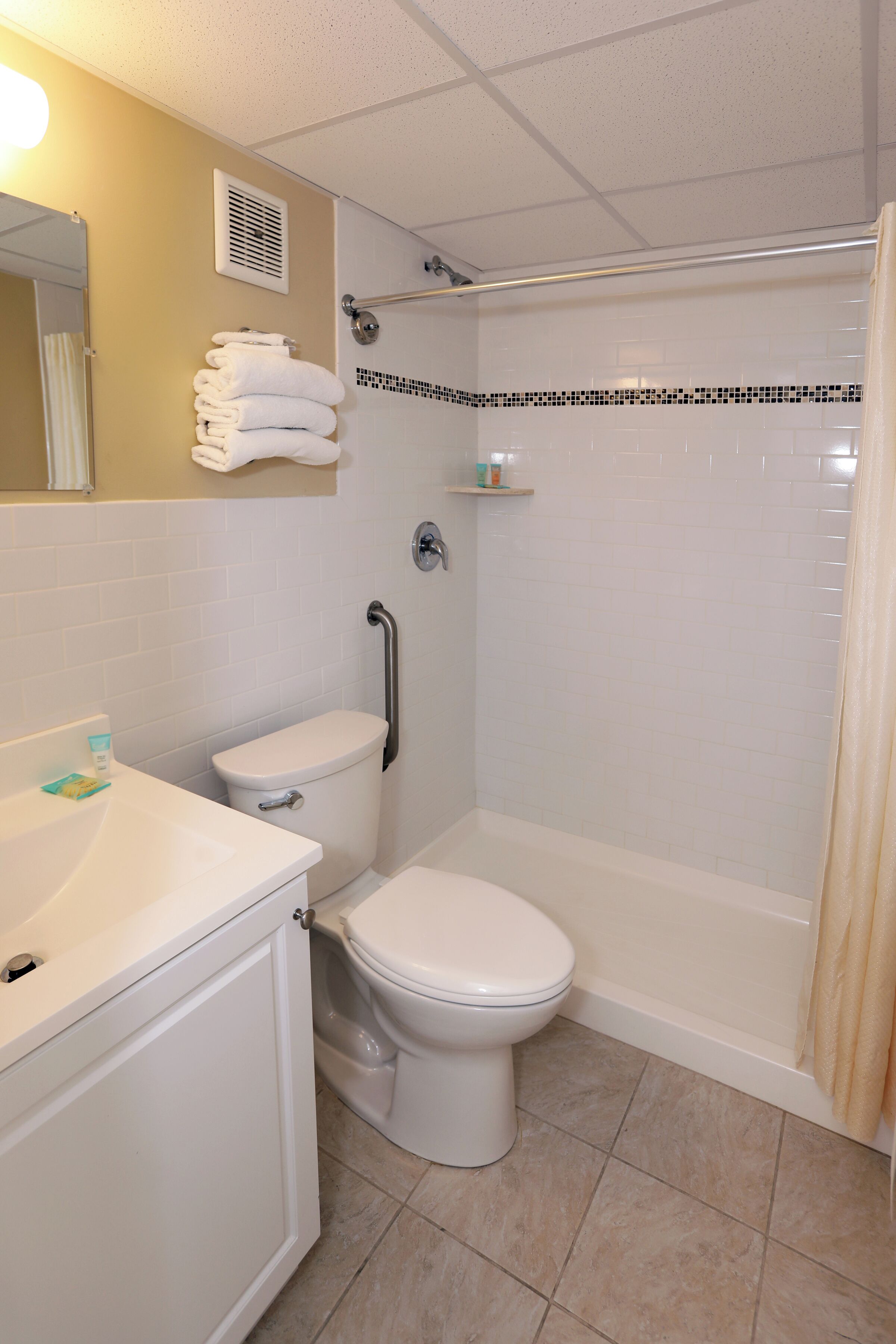 Une salle de bain avec des toilettes, un lavabo et une douche.