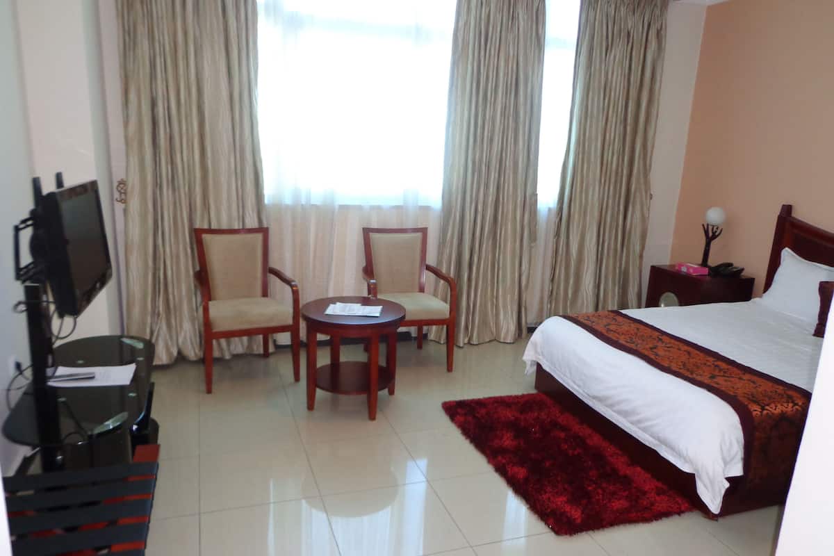 A hotel room with a bed, two chairs, a small table, a TV, and curtains.