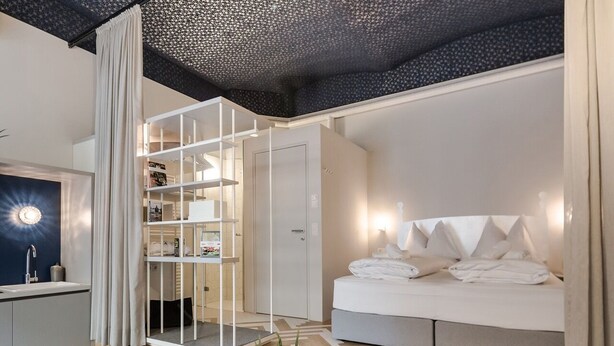 A modern hotel room with a bed, a desk, a chair, a plant, and a wardrobe. - grätzlhotel Karmelitermarkt (Vienna)