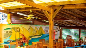 Een bar met houten meubels, een toonbank en een muurschildering van een strand.