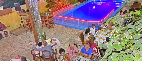 Outdoor pool, pool umbrellas, pool loungers